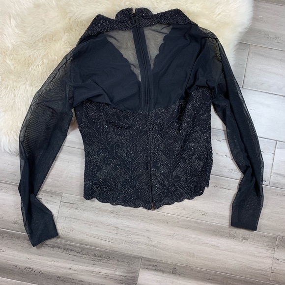 Tadashi Beaded Sheer Sleeve Top Long Sleeve Black M - Picture 2 of 6